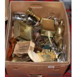 A box of mixed metalwares to include brassware, silver plate, ornaments etc.