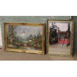 A gilt framed bevel edge wall mirror along with a gilt framed oil on canvas,