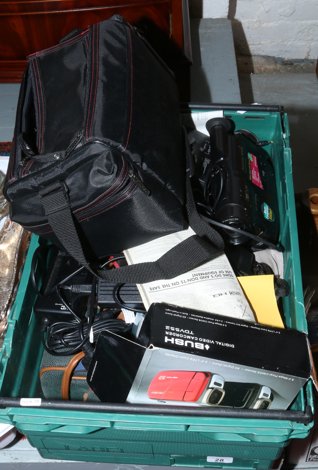 A box of various camcorders to include Bush, Panasonic, Sankyo etc.