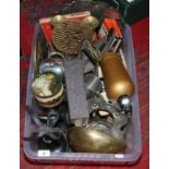 A box of mixed metalwares to include kitchen scales and weights, brass candlestick,