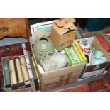 Three boxes of miscellaneous pottery and ceramics Poole cabaret tray, Pianola rolls,