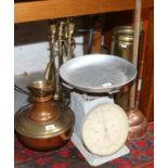 A collection of metal items to include scales, fireside companion set, copper posser etc.
