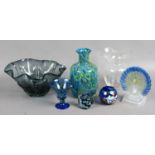 A collection of decorative clear and coloured glassware to include art glass vases,