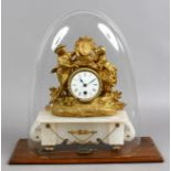 A gilt figural mantel clock raised on marble plinth under glass dome (AF).