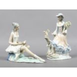 Two Lladro style figures a ballerina and a lady with a squirrel modelled by Tencra Spain