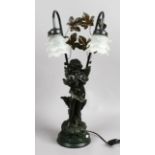 A bronzed figural twin branch tablelamp formed as a cherub playing a trumpet.