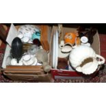 Two boxes of ceramics, glass and miscellaneous including Balmoral china teasets and Wedgwood.