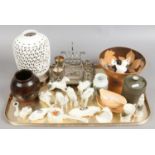 A tray of collectables pierced pottery lamp base, silver plate breakfast set, Autumn leaf bowl,