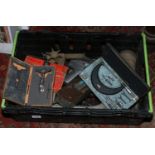 A box of vintage tools to include spring compressers, Moore & Wright Caliper, air tools etc.