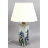 A floral decorated square formed pottery base tablelamp and shade.