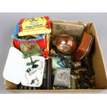 A box of mostly vintage collectables including postcards of The Somme, keys, lead toys by Britains,