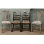 Two painted barleytwist chairs along with two ladder back chairs.