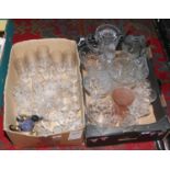 Two boxes of mixed glasswares including cut glass, atomizers, drinking vessels etc.