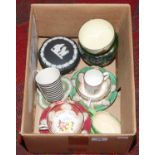 A box of mixed pottery and china including Wedgwood Jasperware, Paragon, Royal Doulton etc.