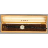 A boxed vintage 9ct gold backed Cyma 'Cyma flex' ladies manual wristwatch with subsidiary seconds.