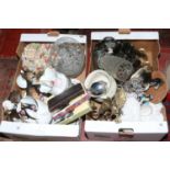 Two boxes of miscellaneous including ceramics, glass and metalwares, Chintz cake stand,