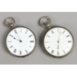 Two antique engraved silver fob watches with enamel dials.