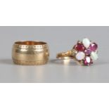 A 9ct gold opal and garnet floriform set ring size P1/2 along with a 9ct gold band, size N,