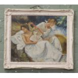 A framed oil on canvas depicting two maidens.