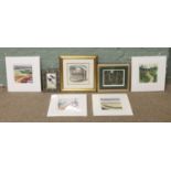 A group of pictures and prints including an engraving, Jill Ray Landscapes etc.