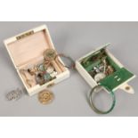 Two small jewellery boxes containing vintage jewellery including malachite bangle,