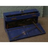 A painted tool chest with internal drawer and contents of hand tools along with a Victorian winding