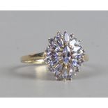 A 9ct gold and tanzanite ring in oval cluster setting, size V.