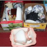 Two boxes of miscellaneous to include vintage jug and bowl set, blue and white teawares,