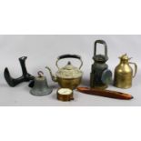 A collection of metalwares including brass thermos jug,