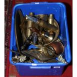A collection of brass and metalwares to include shell cases,
