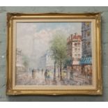 A gilt framed oil on canvas Parisian scene, signed Burnett.