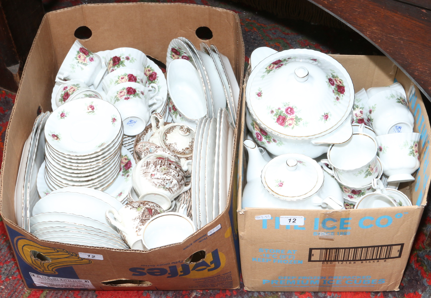 Two boxes of mixed teawares to include Old Country Roses style series ware etc.