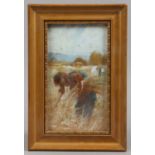 A gilt framed C19th impressionist oil on board depicting a harvest scene,