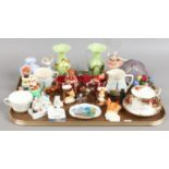A tray of collectables including art glass, crested wares, glass models of animals,