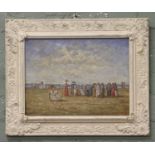 A framed oil on board, impressionist beach scene with figures in 1920s attire monogrammed E.R.