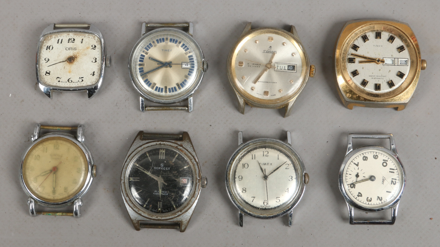 Eight gents vintage watch heads including Timex, Corona and services etc.