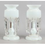 A pair of Victorian opaque milk glass lustre's with cut glass droplets,