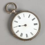 An antique silver fob watch with enamel dial.