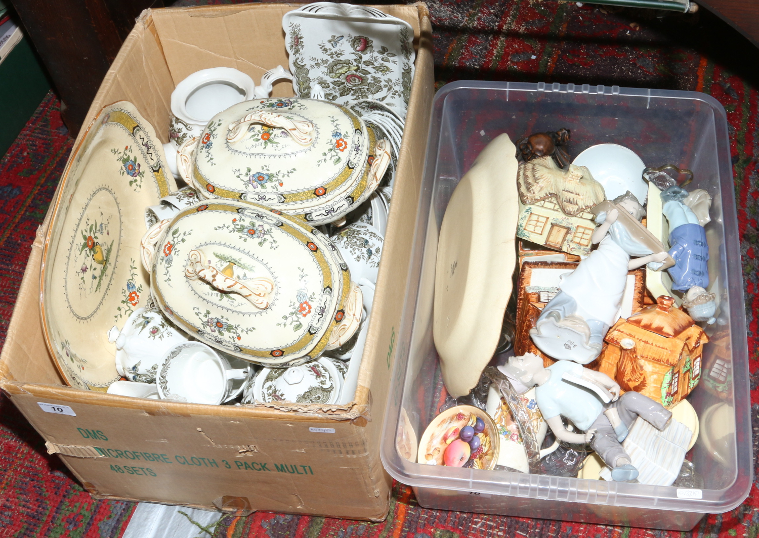 Two boxes of pottery, china and glass including Ridway Windsor pattern tea and dinner service,