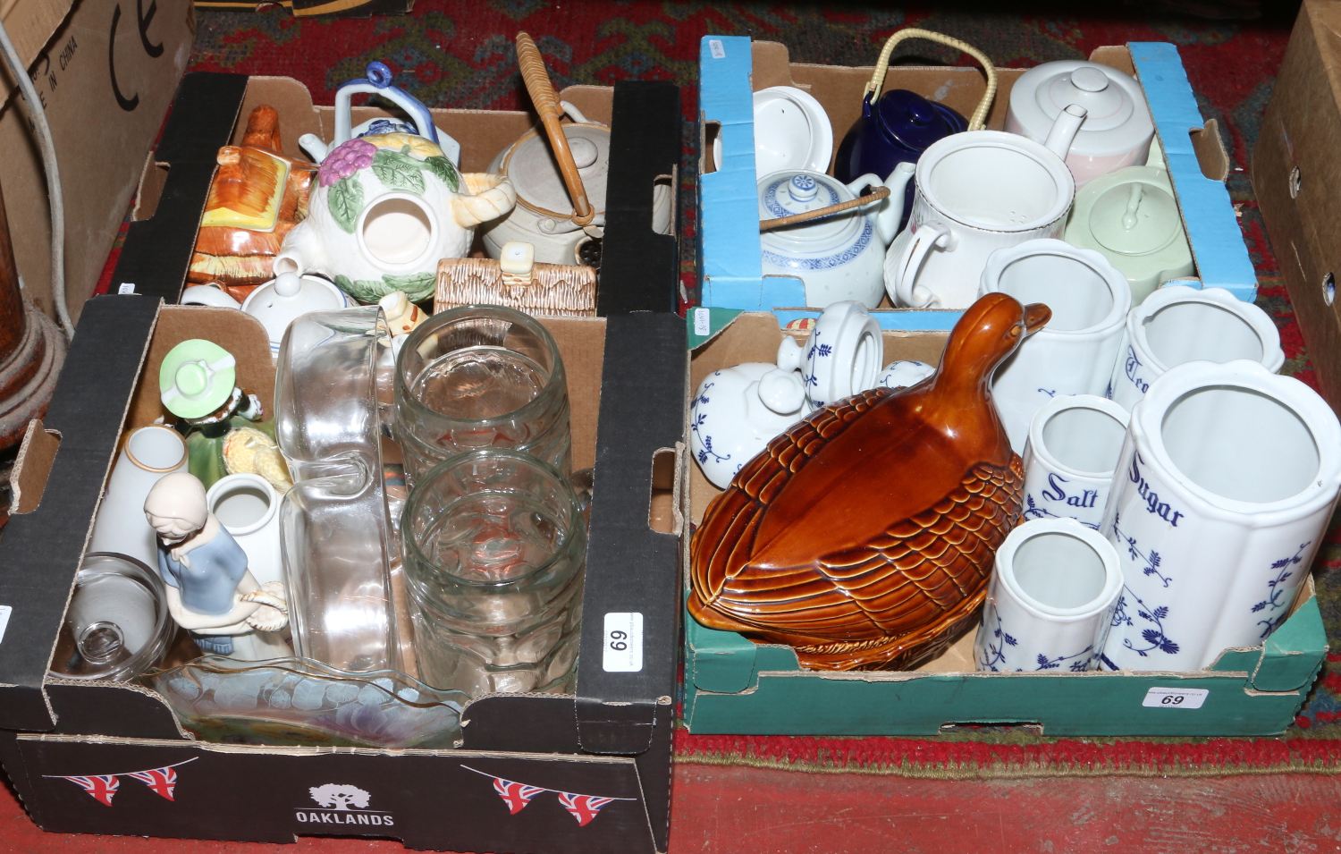 Four boxes of miscellaneous to include cottageware, Portmeirion, blue and white, glasswares etc.