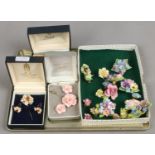 A tray of bone china mounted jewellery including a suite of Royal Crown Derby,