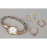 A ladies gold cased wristwatch 9ct earring along with a ladies ring size N, gross weight 18.