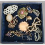 A small collection of vintage jewellery including white paste examples and an Art Deco brooch etc.