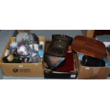 Three boxes of miscellaneous including a wall clock, wood carving, mixed linen, Spode,