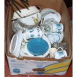 A box of ceramics and glass including Royal Worcester Evesham dinner wares and Johnson Brothers etc.
