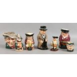 Seven Royal Doulton character jugs including Winston Churchill, The Huntsman, The Poacher,