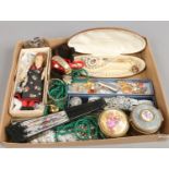 A tray of vintage costume jewellery and collectables including fans, trinket pots, doll, necklaces,