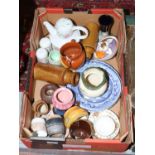A box of mixed pottery and ceramics to include stoneware, blue and white, tobacco jar etc.