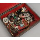 A scumbled 'rosewood' effect workbox and contents of antique costume jewellery and collectables,