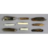 A collection of old pen knives including horn and mother of pearl scales etc.